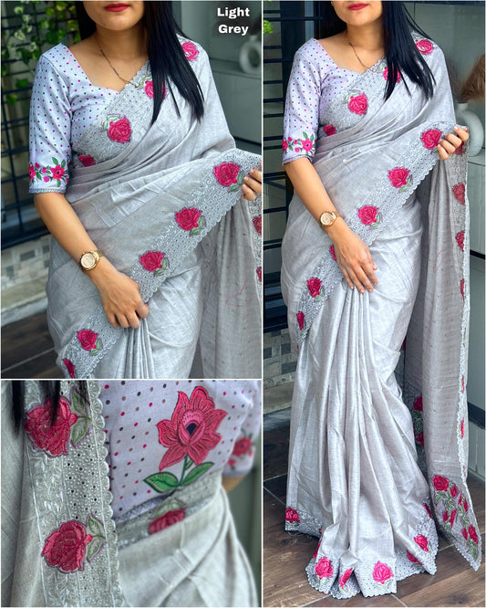 Grey Blue Flowers (1 Minute Ready To Wear Saree)