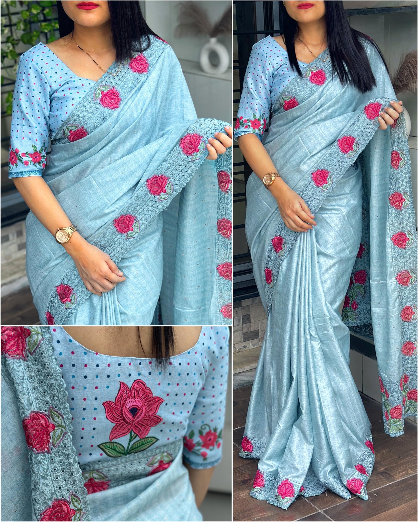 Blue Flowers (1 Minute Ready To Wear Saree)