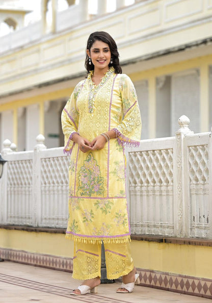 Tashi ~ Lemon Yellow Embroidery Kurit Set