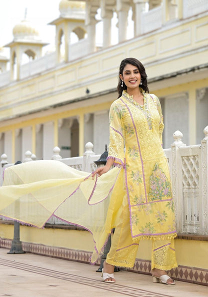 Tashi ~ Lemon Yellow Embroidery Kurit Set