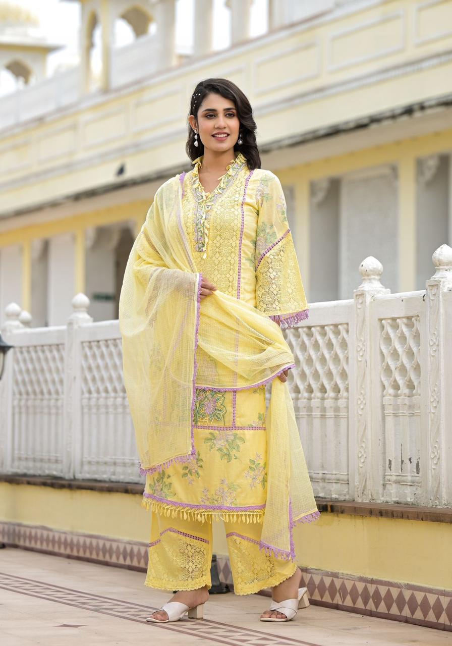 Tashi ~ Lemon Yellow Embroidery Kurit Set