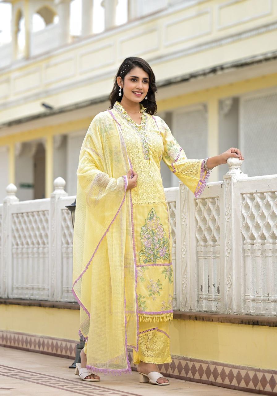 Tashi ~ Lemon Yellow Embroidery Kurit Set