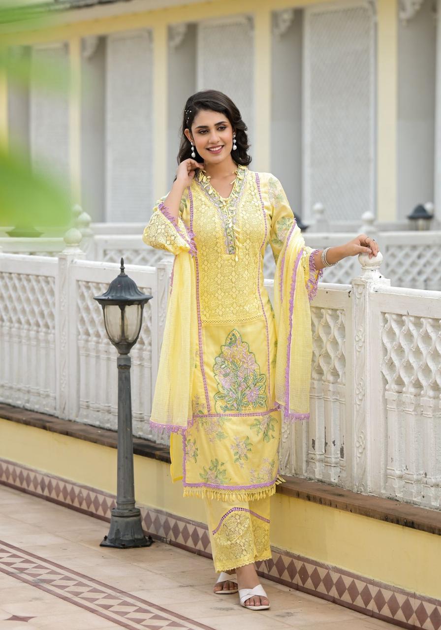 Tashi ~ Lemon Yellow Embroidery Kurit Set