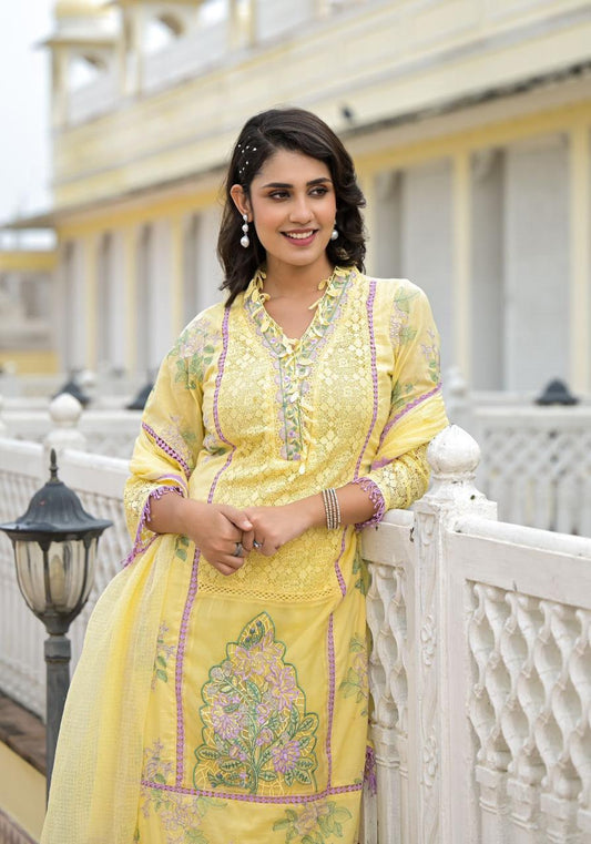 Tashi ~ Lemon Yellow Embroidery Kurit Set