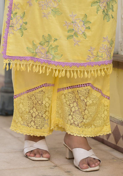 Tashi ~ Lemon Yellow Embroidery Kurit Set