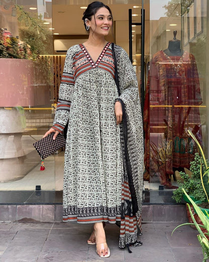 Anam ~ Grey Printed Anarkali Suit Set