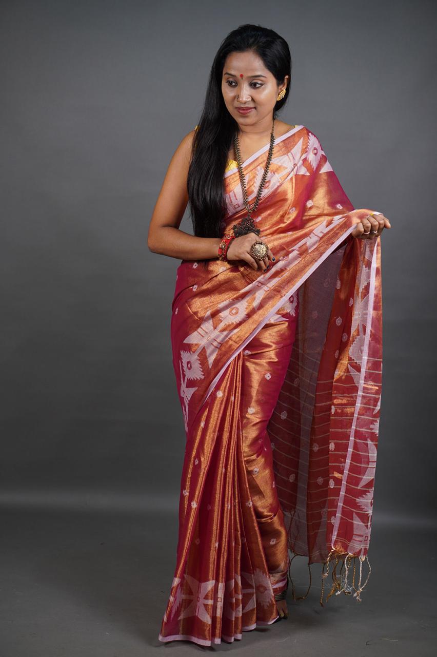 Red Shine - (Pure Tissue Khadi Handloom Saree)