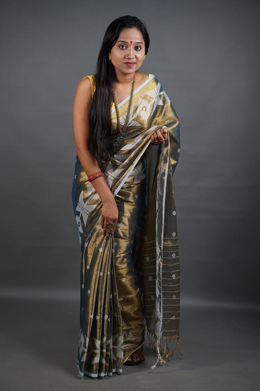 Teal Shine - (Pure Tissue Khadi Handloom Saree)