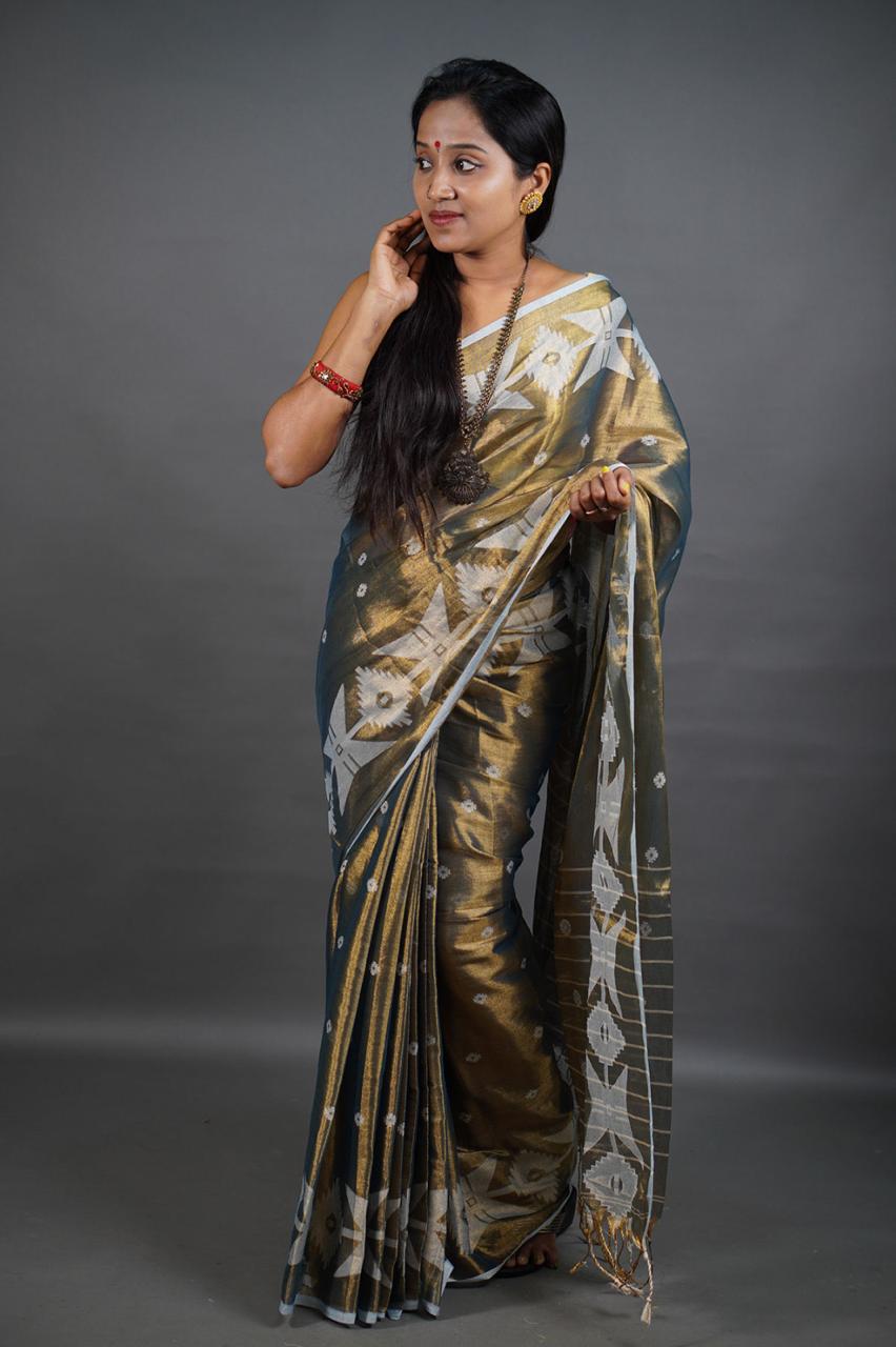 Teal Shine - (Pure Tissue Khadi Handloom Saree)