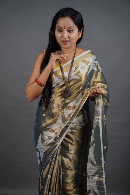 Teal Shine - (Pure Tissue Khadi Handloom Saree)