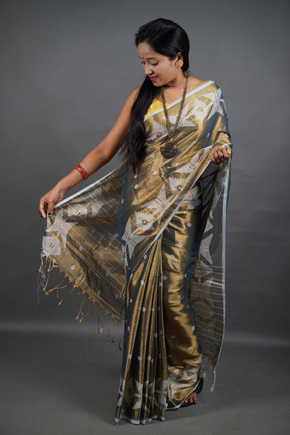 Teal Shine - (Pure Tissue Khadi Handloom Saree)